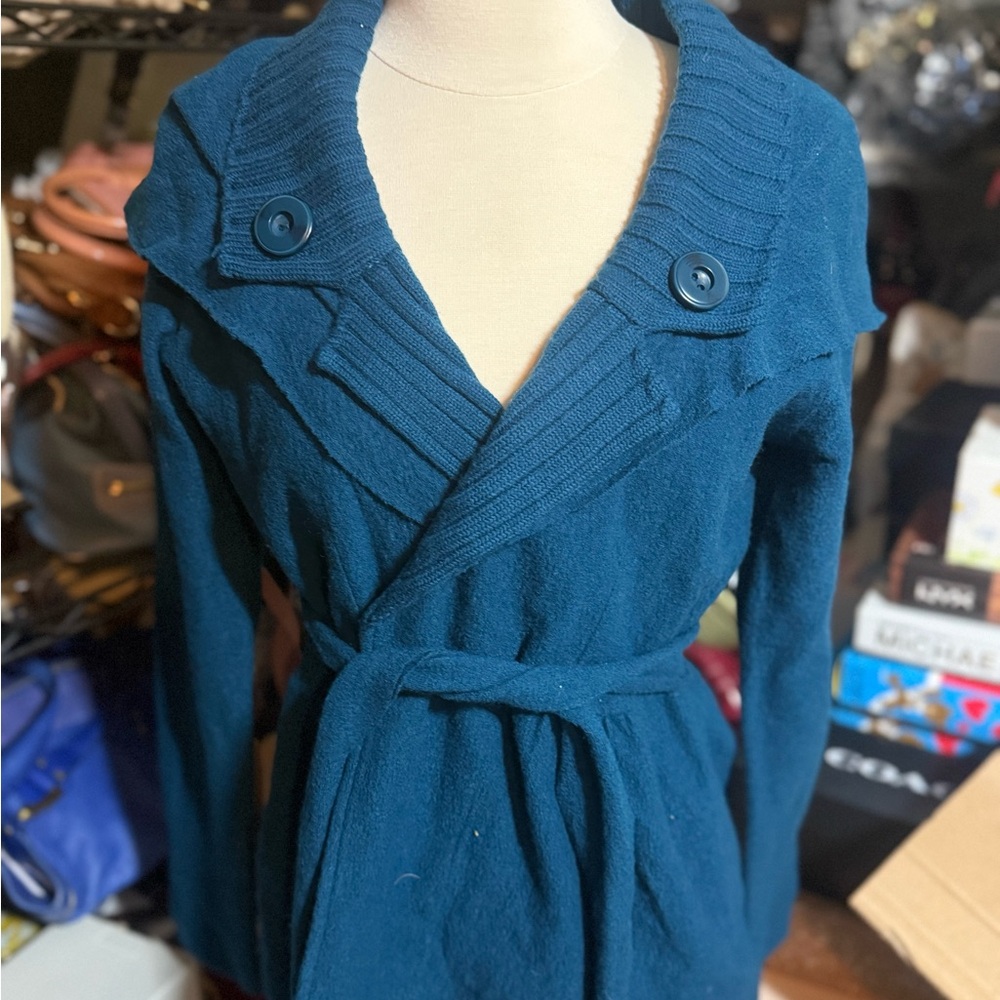 Sparrow Teal Cardigan with Belt and Button Accents